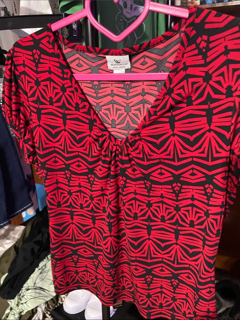 Worthington Red and Black Geometric V-Neck Blouse